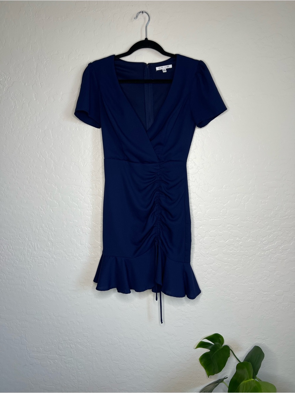 Deep Blue Ruched V-Neck Mini Dress with Flounce Hem